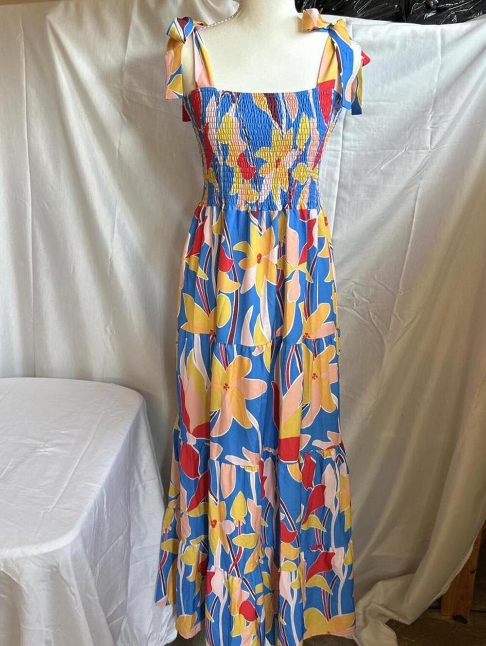Womens Blue Floral Smocked Tie Strap Maxi Dress Size Large